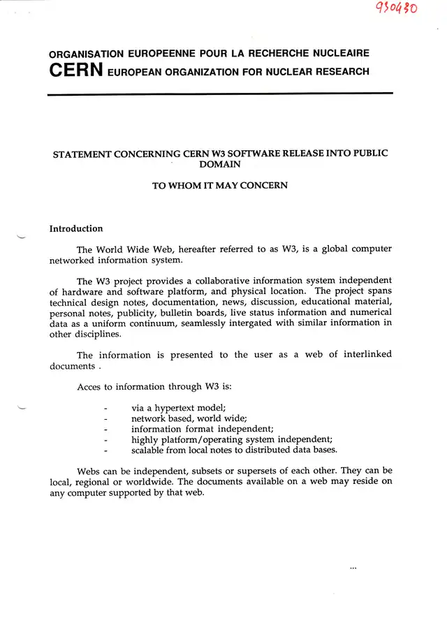 CERN, Statement concerning CERN W3 software release into public domain, pagina 1