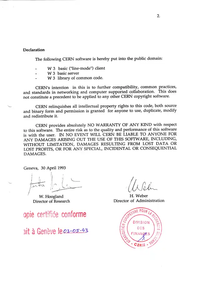 CERN, Statement concerning CERN W3 software release into public domain, pagina 2 con firme e timbro