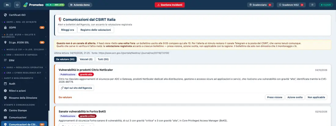 Pagina Comunicazioni dal CSIRT Italia di Prometeo con i bollettini da valutare