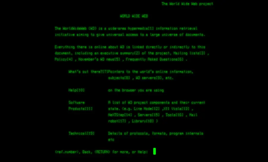 La pagina del progetto World Wide Web vista in un browser a riga di comando, testo verde su sfondo nero